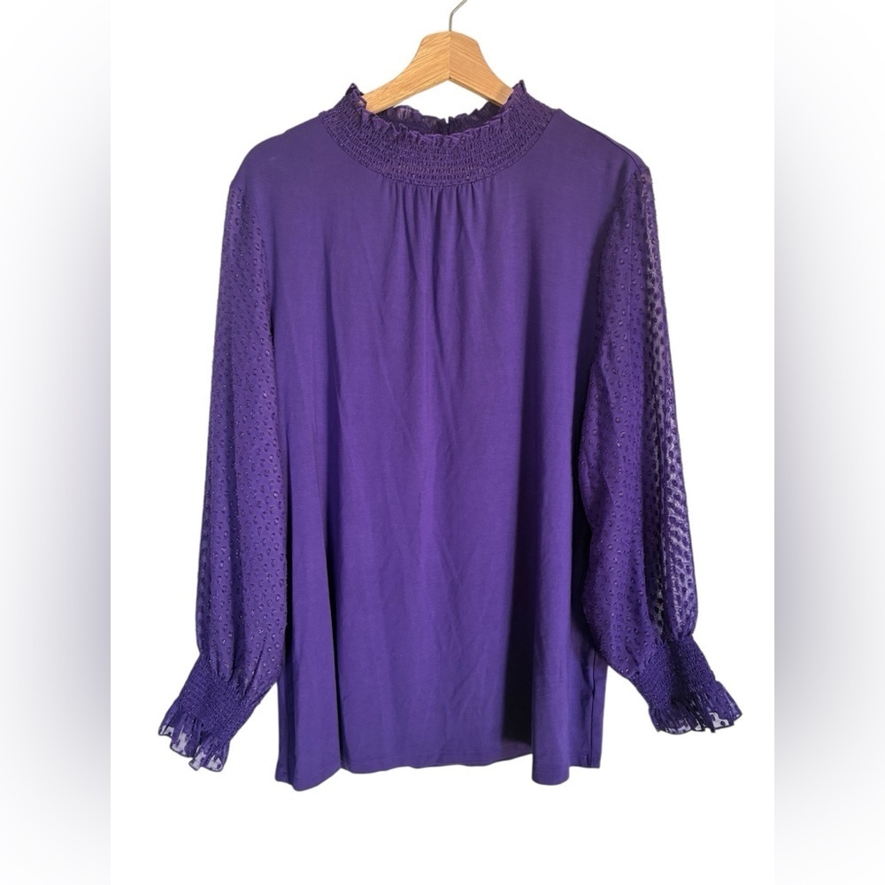 TALBOTS Top 1X Purple Majesty Mock Neck Woven Sleeve Smocked